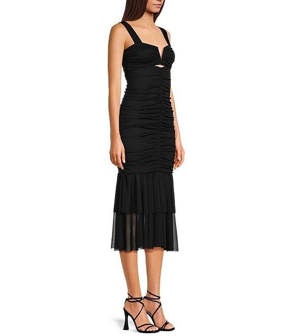 Honey and Rosie Tank Strap V-Neckline Fitted Midi Shirred Dress Product Image