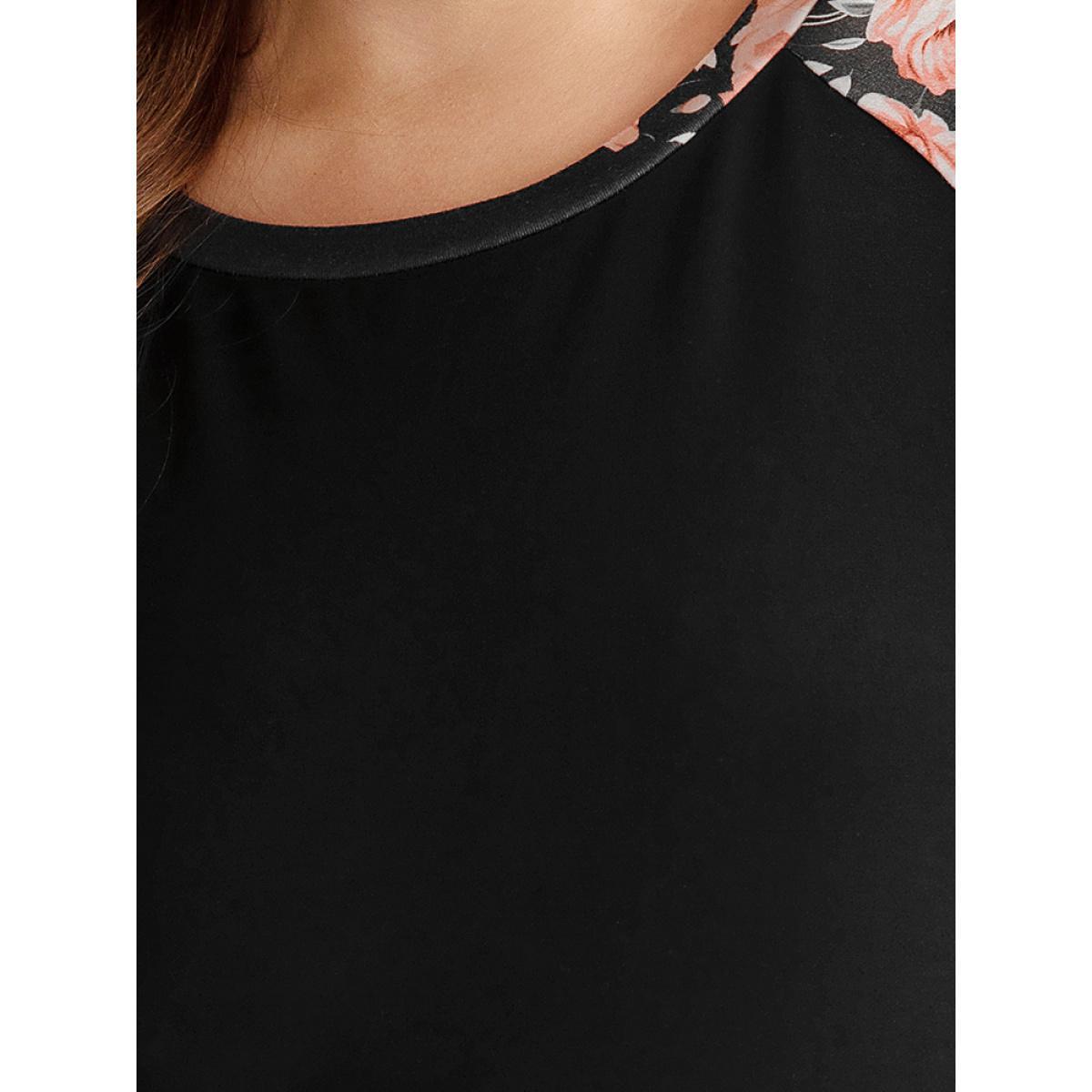 Plus Size Floral Print Raglan Sleeve Patchwork Sweatshirt Women Black Elegant Printed Round Neck Everyday Sweatshirts BloomChic 22-24/3X Product Image