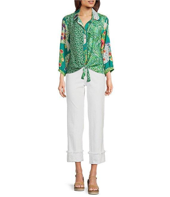 John Mark Woven Floral Leaf Print Point Collar 3/4 Sleeve Tie-Front Shirt Product Image