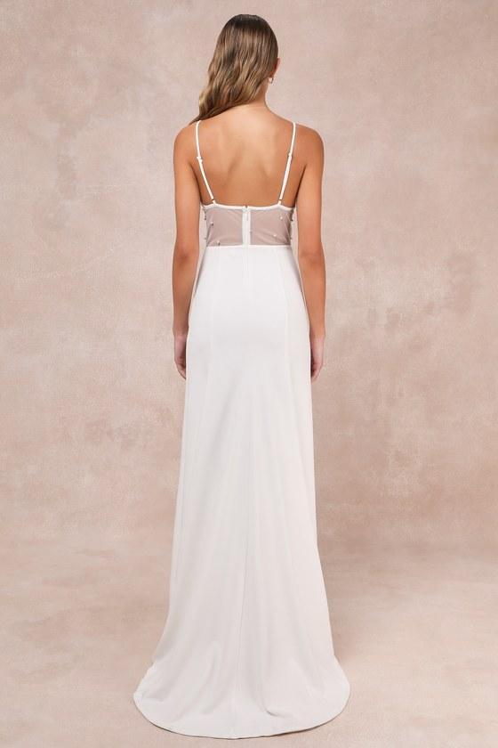 Euphoric Eloquence White Sheer Mesh Pearl Sleeveless Maxi Dress Product Image