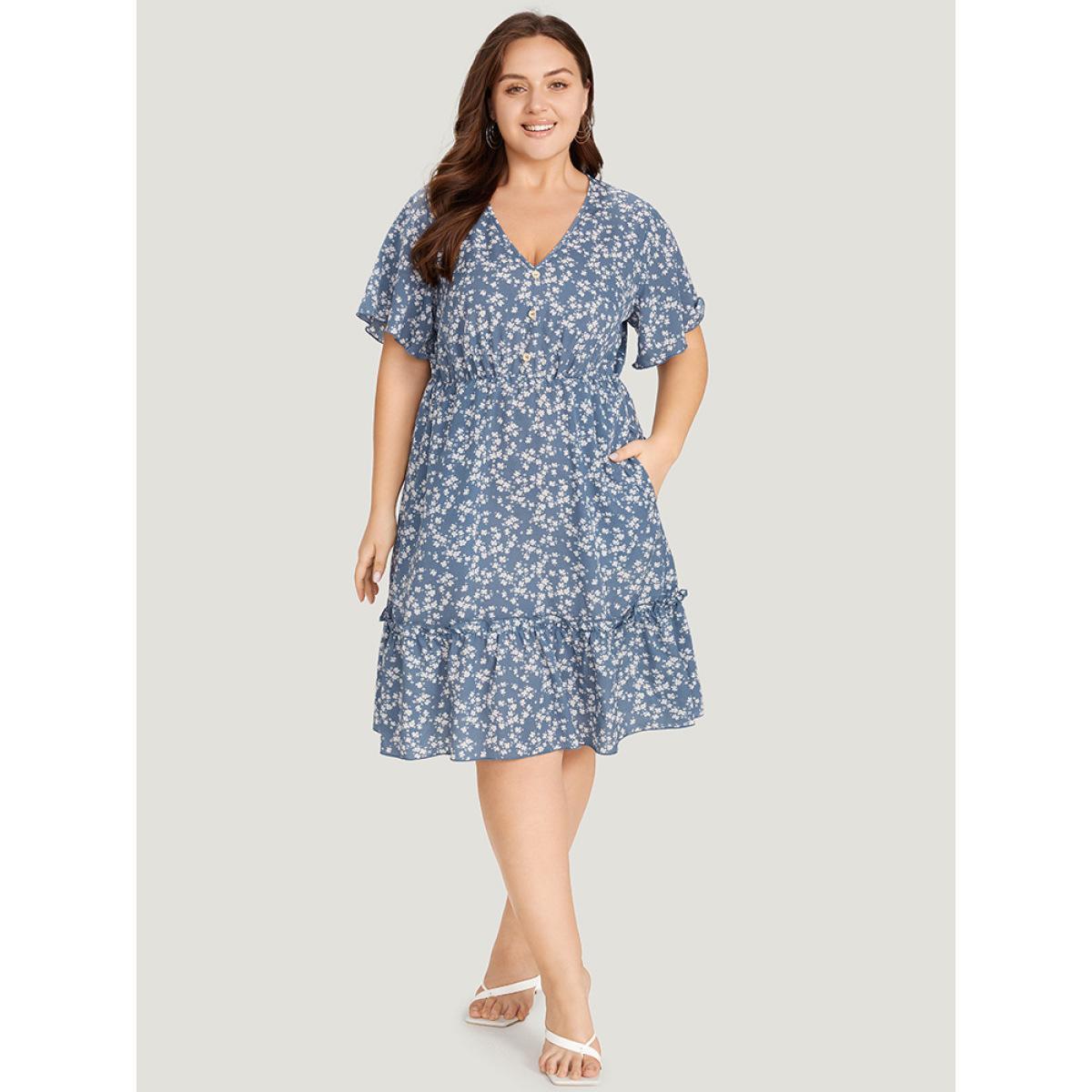 Plus Size Ditsy Floral Elastic Waist Button Detail Pocket Ruffles Dress LightBlue Women Elegant V-neck Short sleeve Curvy Midi Dress BloomChic 28/5X Product Image