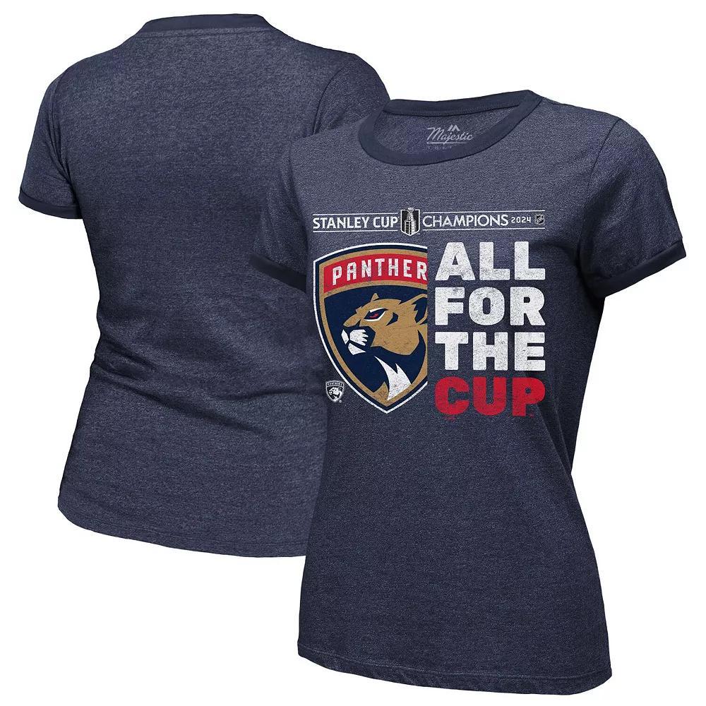 Women's Majestic Threads  Navy Florida Panthers 2024 Stanley Cup Champions Tri-Blend Ringer T-Shirt, Size: Small, Pnt Blue Product Image