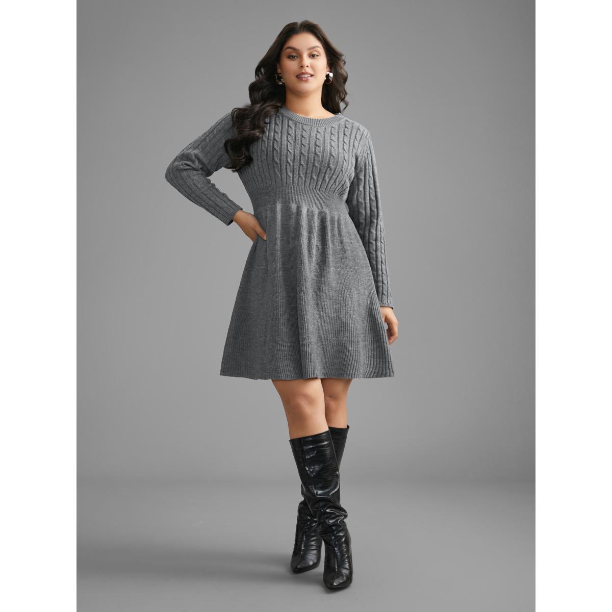 Plus Size Cable Knit Fit-and-Flare Midi Sweater Dress DarkGray Women Timeless Bodycon Long Sleeve Elegant Sweater Dresses BloomChic 10/M Product Image