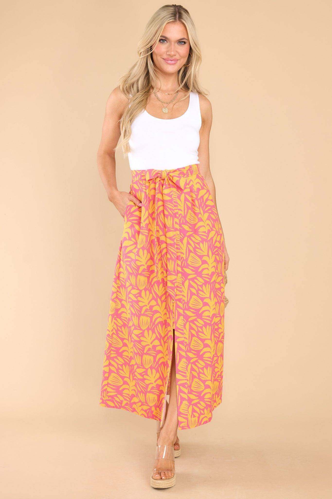 Palms Away Wild Over You Pink Yellow Print Skirt Product Image