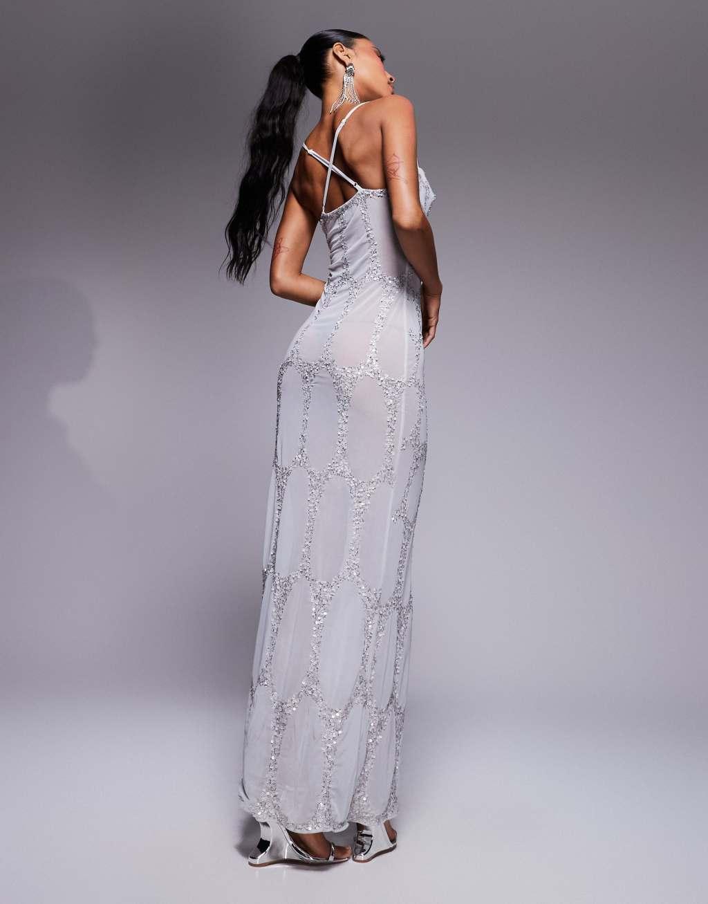 ASOS DESIGN all over embellished cupped maxi dress with asymmetric straps in silver Product Image