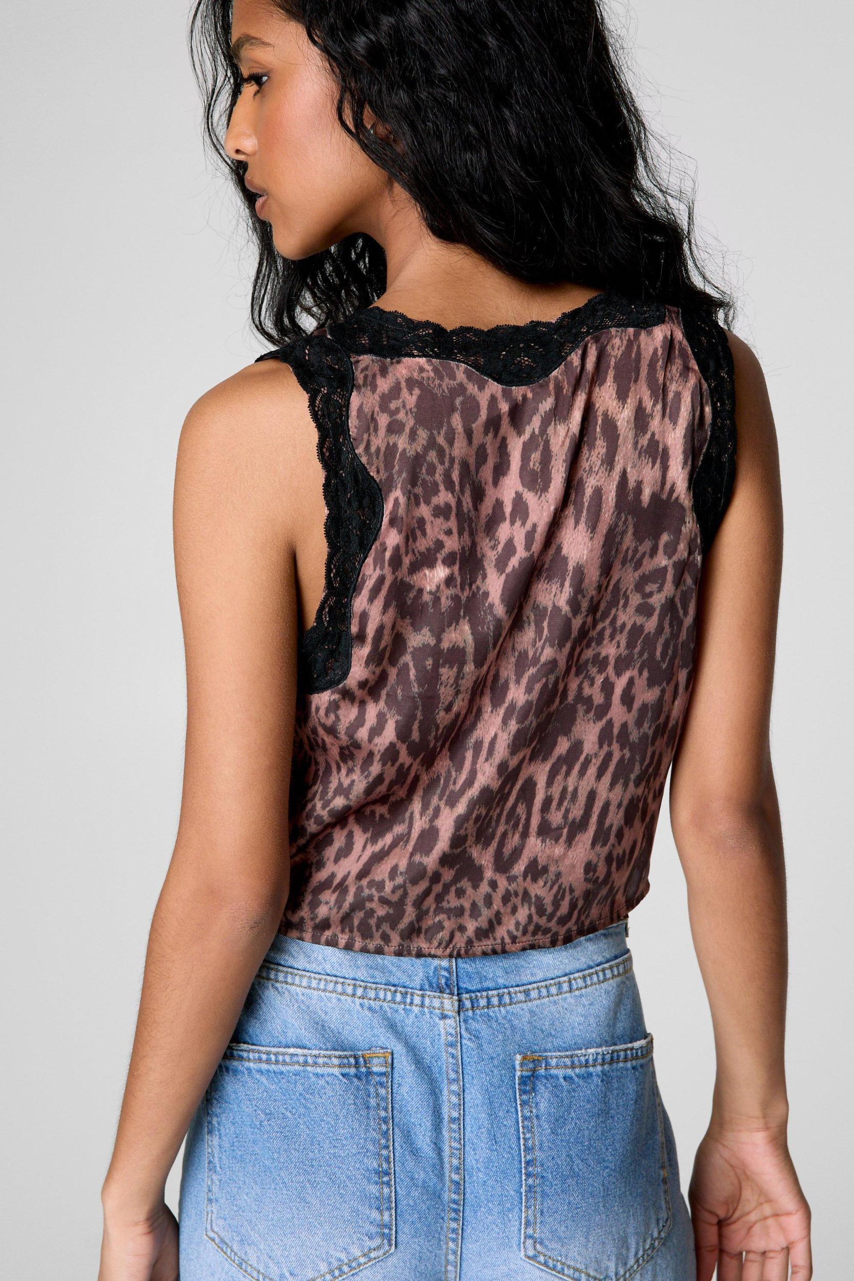 Satin Leopard Contrast Lace Tie Front Top Product Image