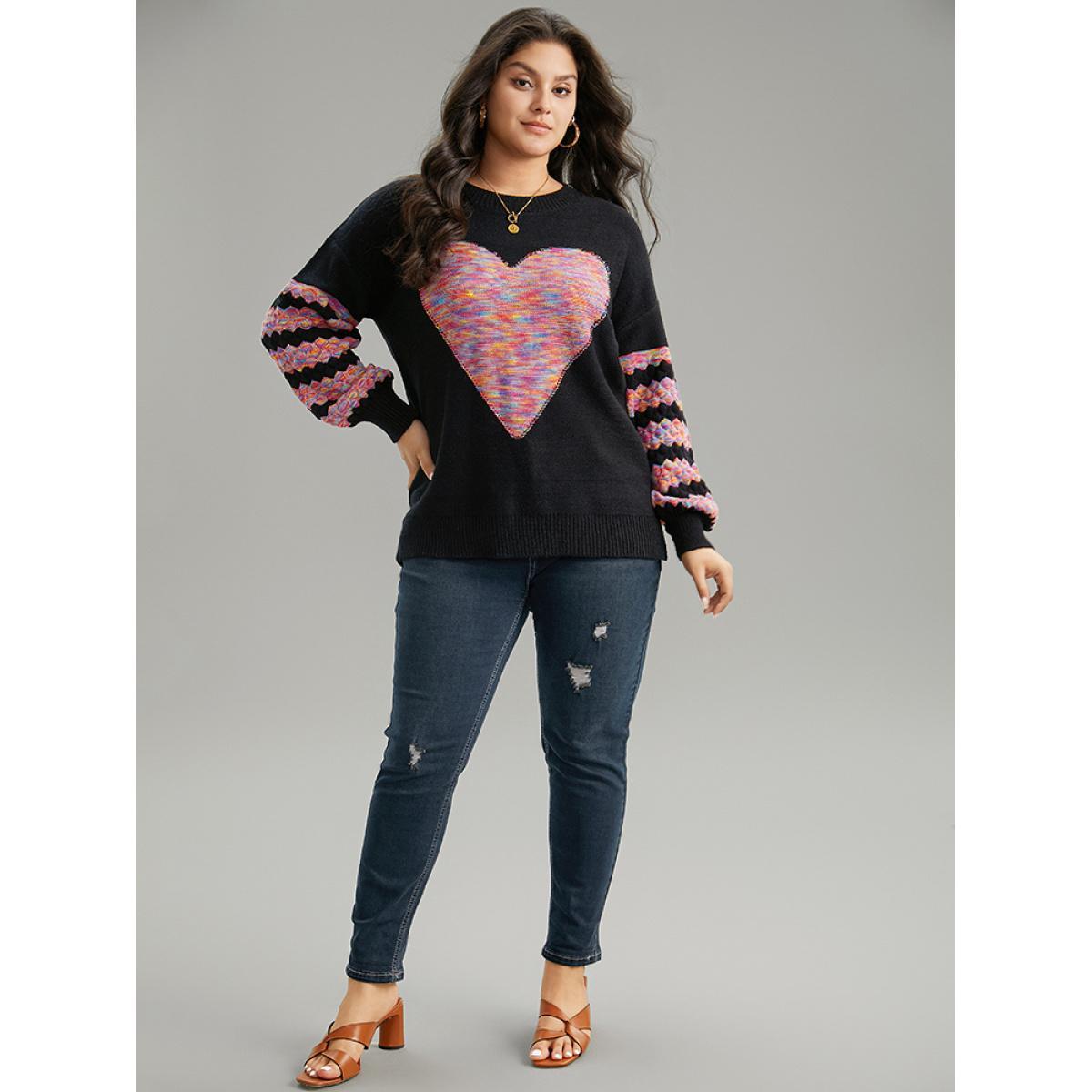 Plus Size Heart Heather Patchwork Crew Neck Pullover Black Women Casual Loose Long Sleeve Round Neck Everyday Pullovers BloomChic 14-16/1X Product Image