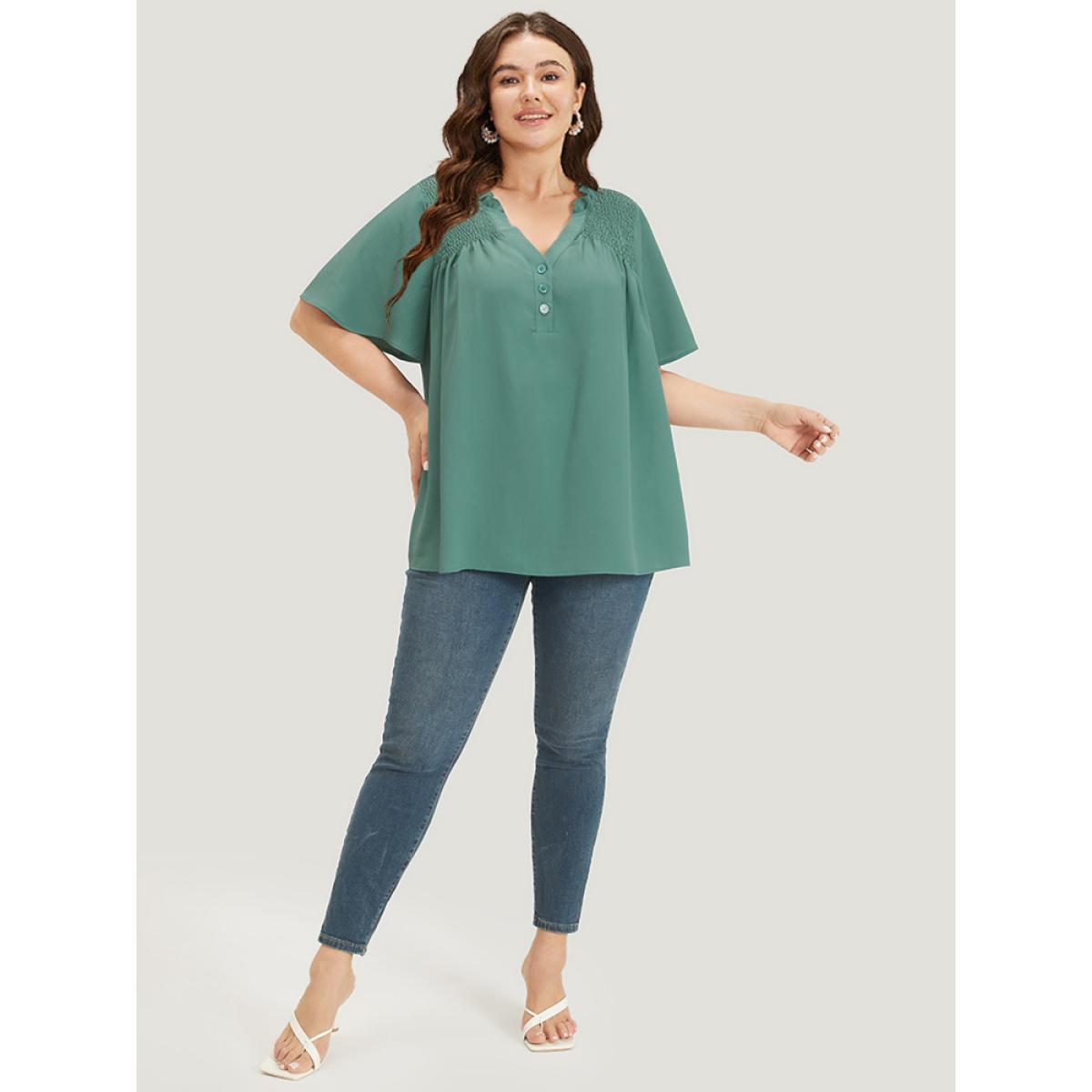 Plus Size Aegean Plain Shirred Button Through Frill Trim Stand Collar Blouse Women Elegant Short sleeve V-neck Dailywear Blouses BloomChic 12/L Product Image