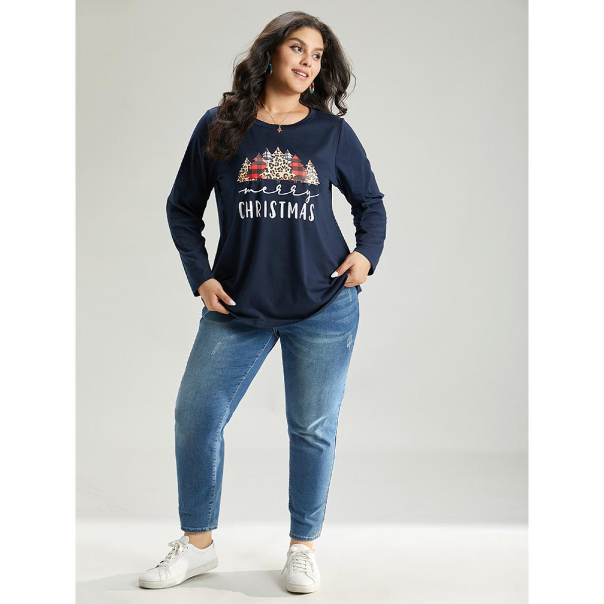 Plus Size Christmas Trees Letter Print Round Neck T-shirt Indigo Women Casual Printed Christmas Festival-Christmas T-shirts BloomChic 22-24/3X Product Image