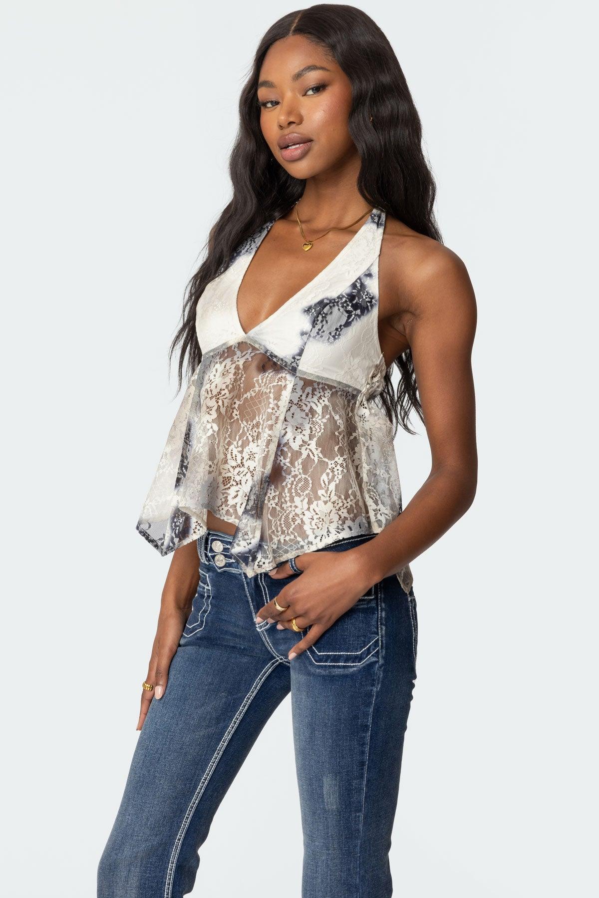 Asymmetric Printed Lace Halter Top Product Image