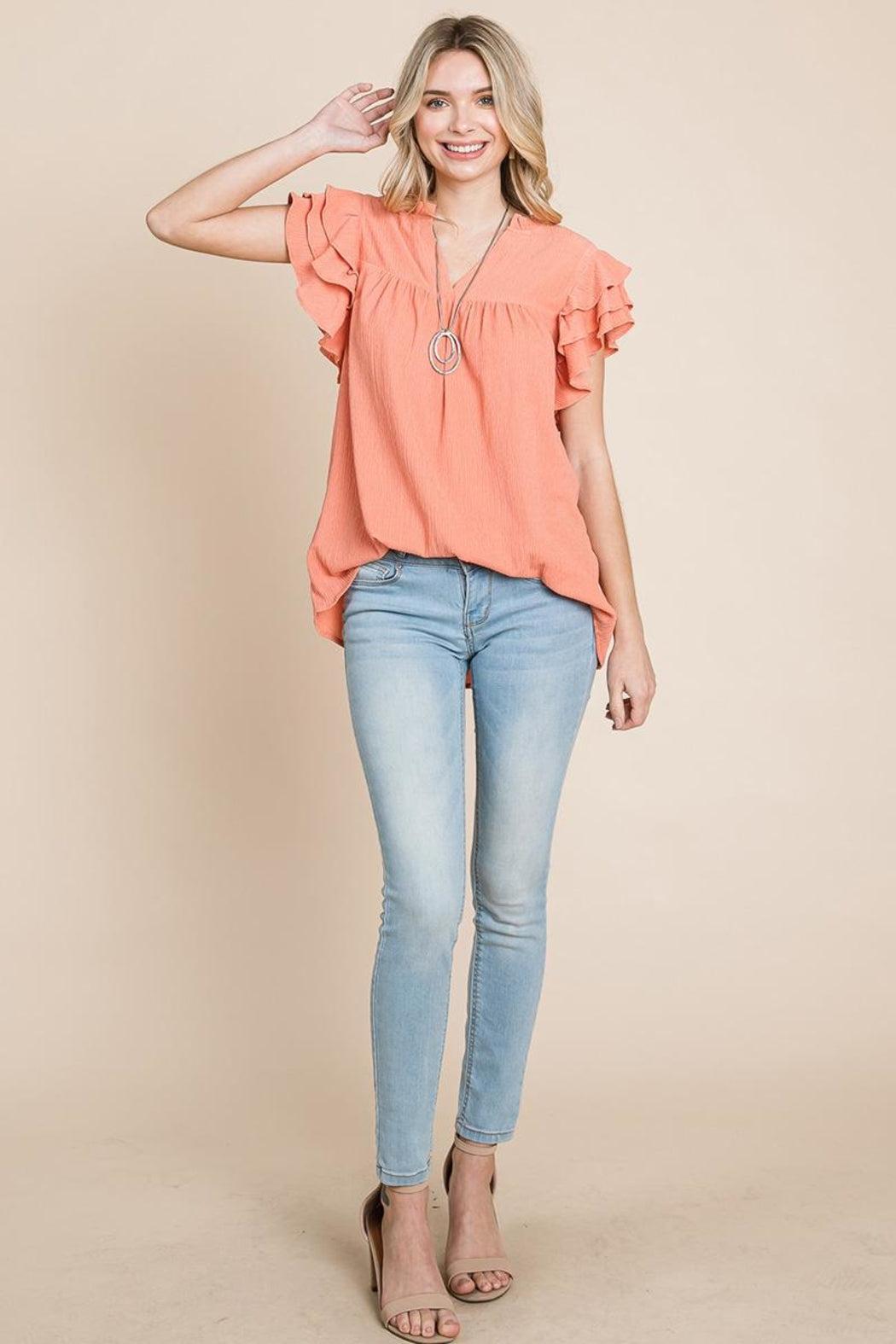V Neck Ruffle Sleeve Textured Shirts Blouses Product Image