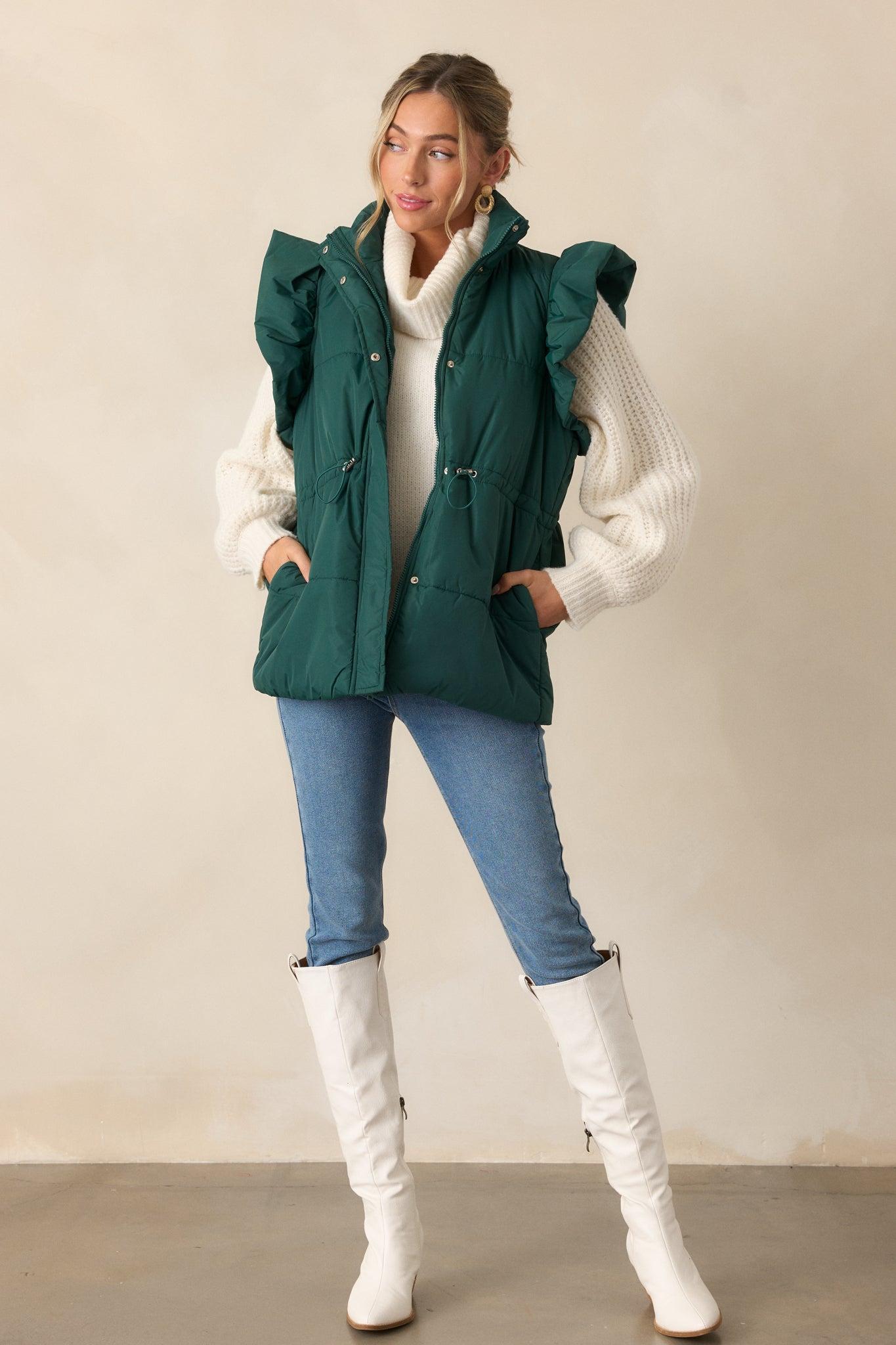 Cherry On Top Forest Green Flutter Sleeve Puffer Vest Product Image