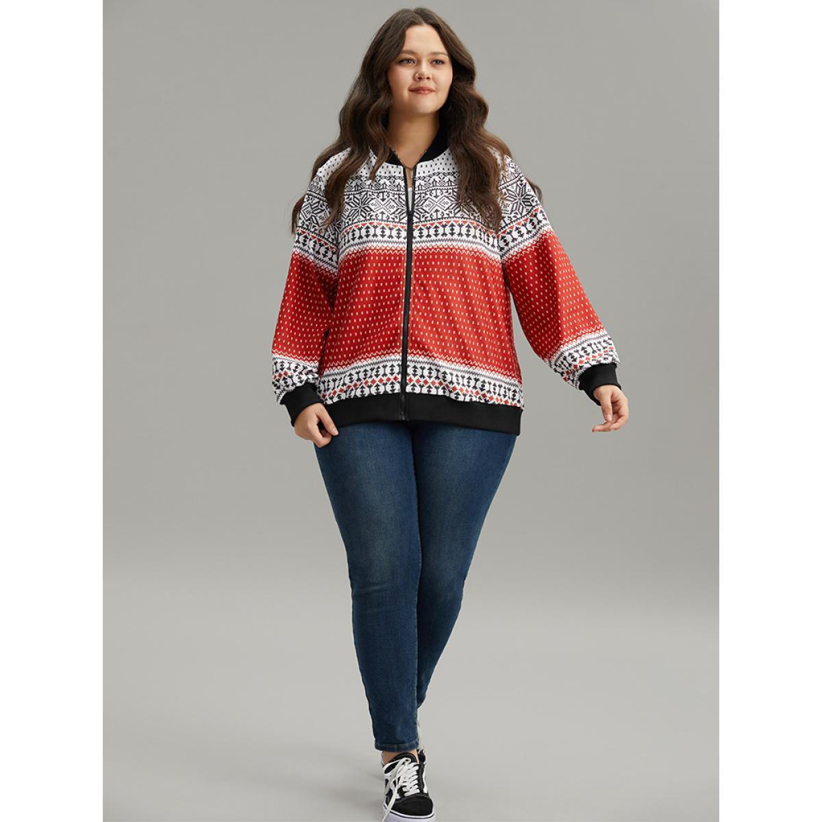 Plus Size Christmas Patchwork Zipper Contrast Jacket Women Red Elastic cuffs Dailywear Jackets BloomChic 12/L Product Image