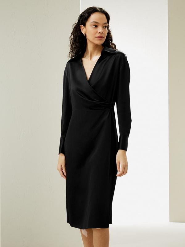 Collared Silk Wrap Dress Product Image