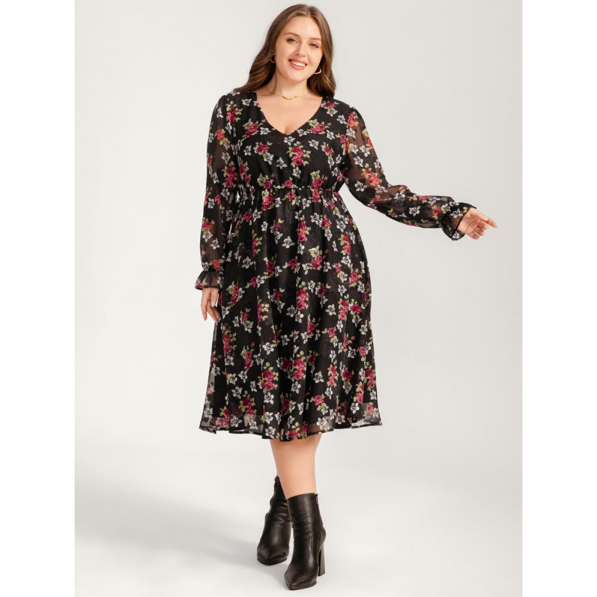 Plus Size Floral Mesh Lantern Sleeve Pocket Flutter Dress Black Women Dating V-neck Long Sleeve Curvy Midi Dress BloomChic 18-20/2X Product Image