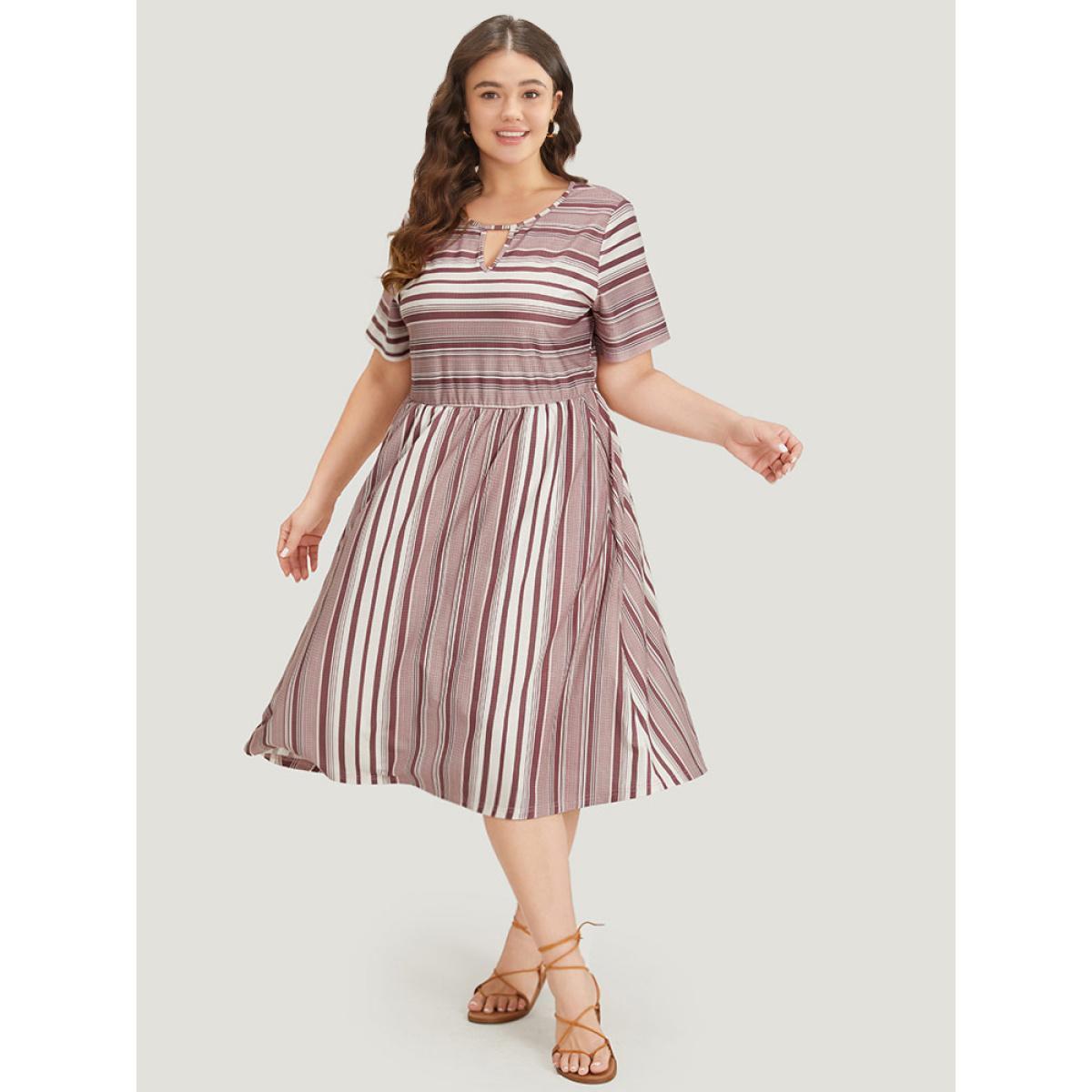 Plus Size Striped Pocket Elastic Waist Keyhole Dress Burgundy Women Casual Cut-Out Round Neck Short sleeve Curvy Midi Dress BloomChic 12/L Product Image