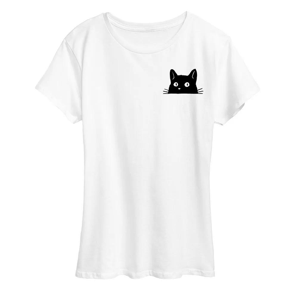 Women's Cat Peeking Left Chest Graphic Tee, Girl's,  Product Image