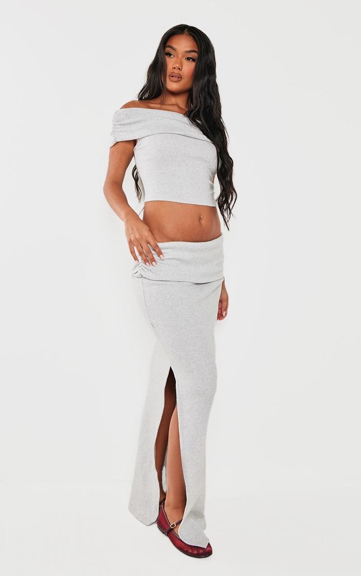 Light Grey Brushed Rib Ruched Detail Foldover Maxi Skirt Product Image