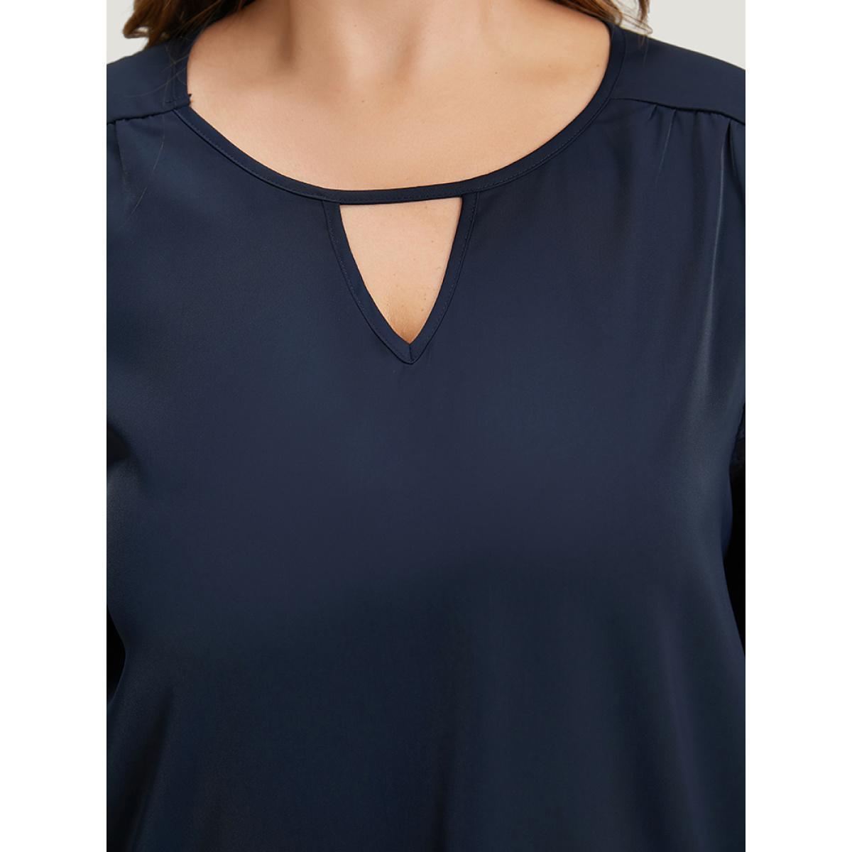 Plus Size Indigo Plain Keyhole Lace Patchwork Lantern Sleeve Blouse Women Office Long Sleeve Keyhole Cut-Out Work Blouses BloomChic 22-24/3X Product Image