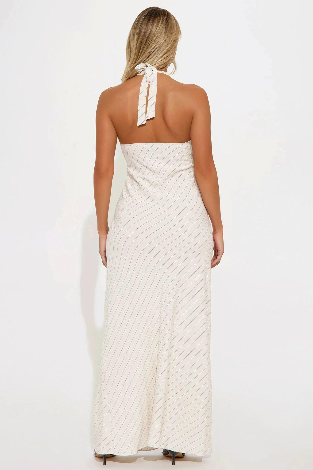 Sandria Linen Maxi Flowy Dress - Oatmeal Product Image