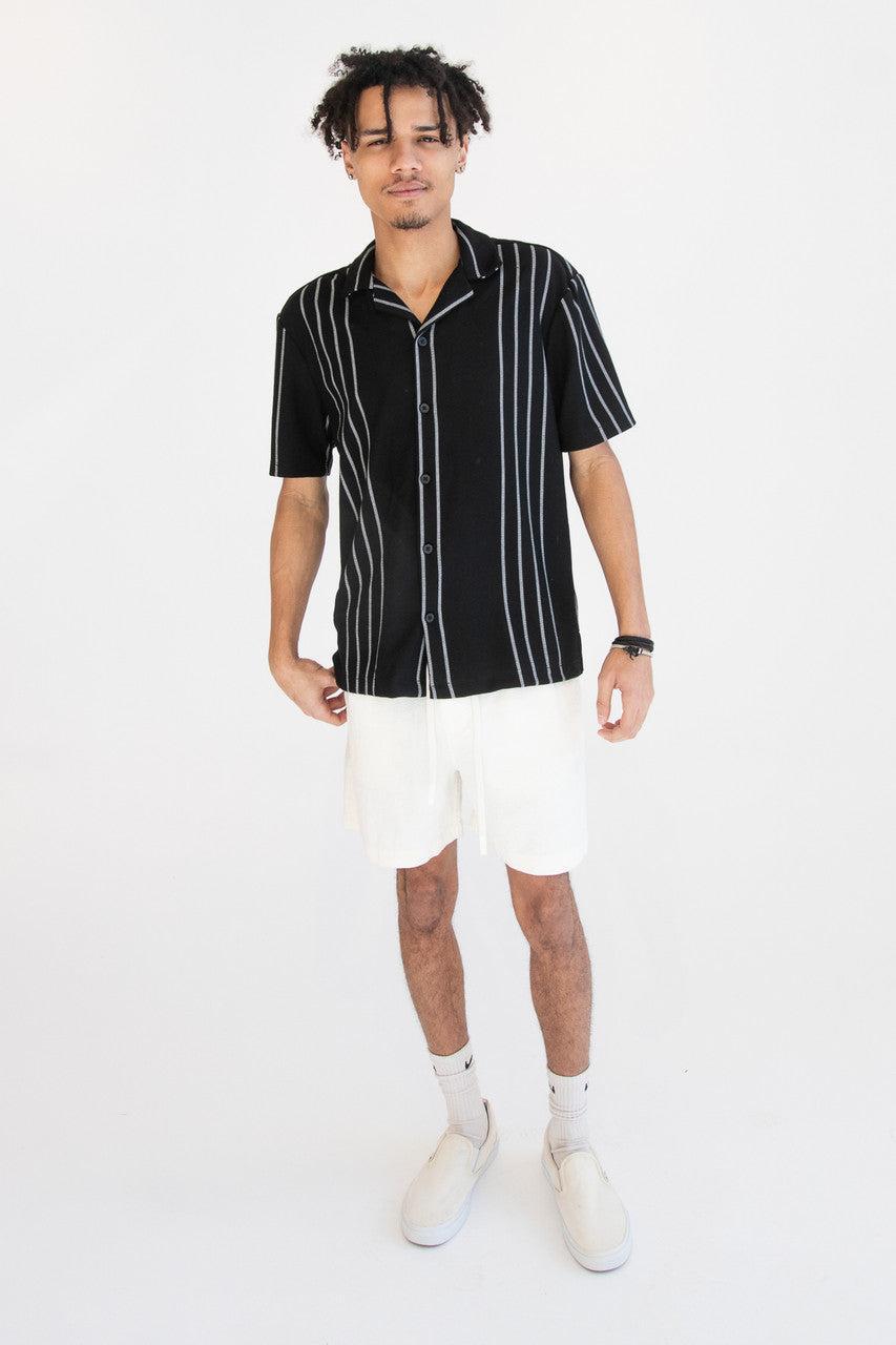 Ribbed White Stripe Black Button Up Shirt Product Image