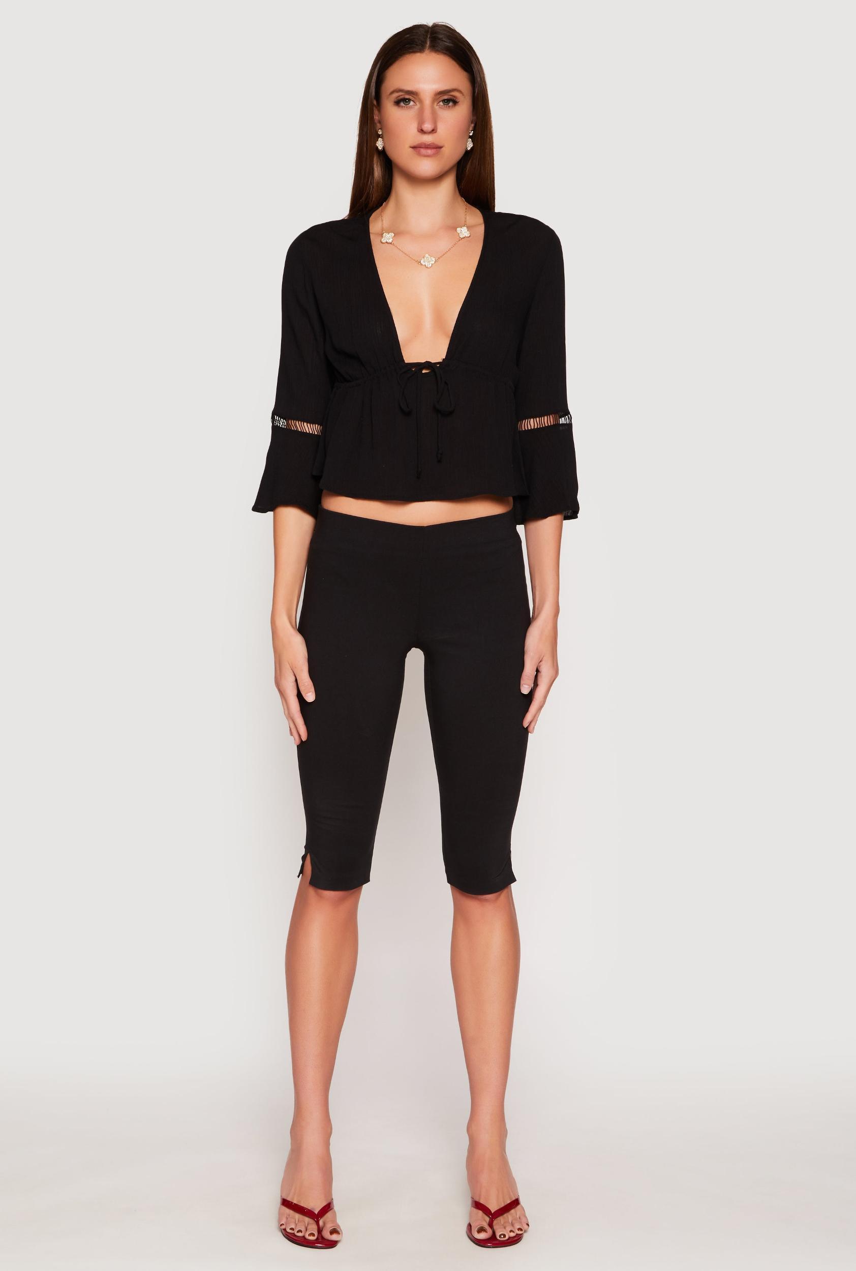 Womens Gauze Knit Tie Front Keyhole Blouse Product Image