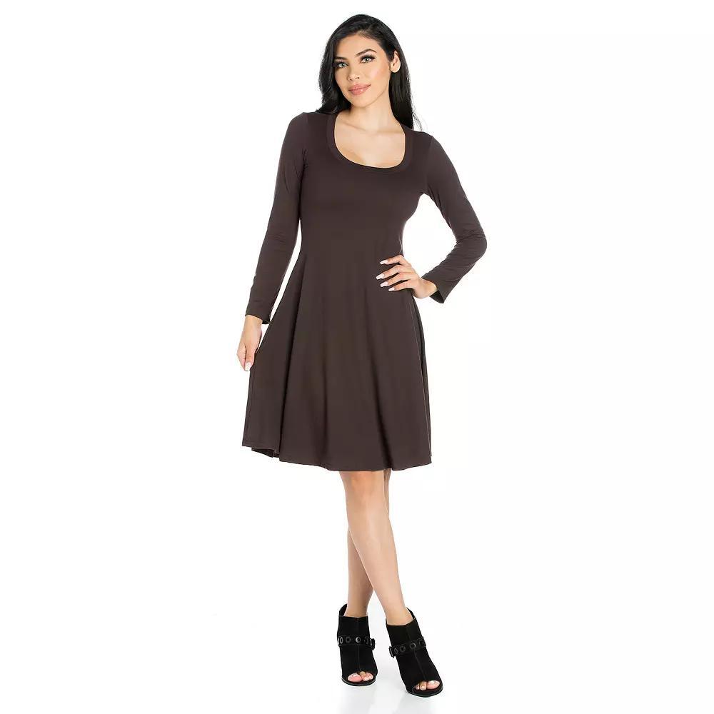 Women's 24seven Comfort Apparel Classic Scoopneck Long Sleeve Flared Mini Dress,  Product Image