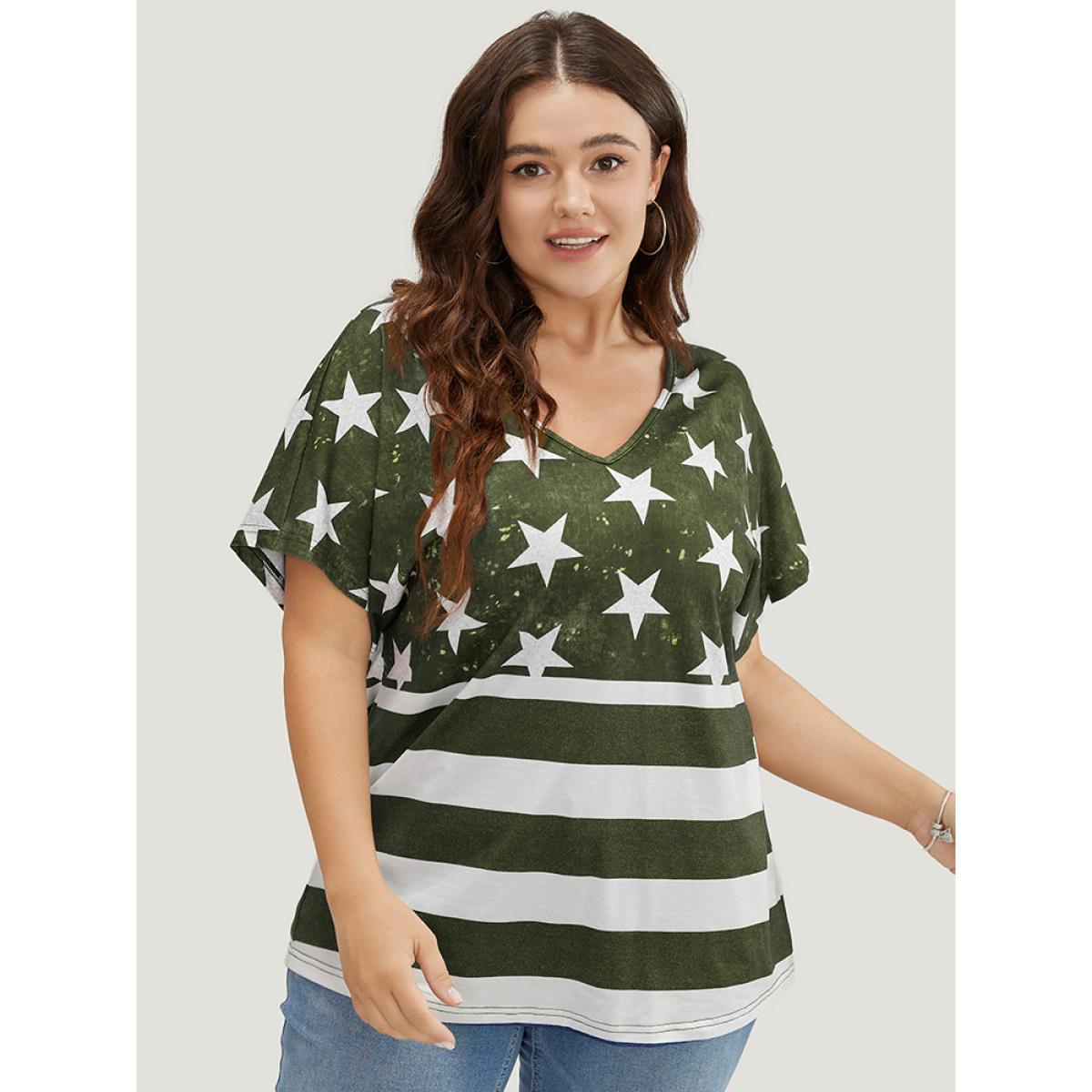 Plus Size Star & Striped Print Batwing Sleeve T-shirt DimGray Women Casual Moon and Star V-neck Everyday T-shirts BloomChic 12/L Product Image