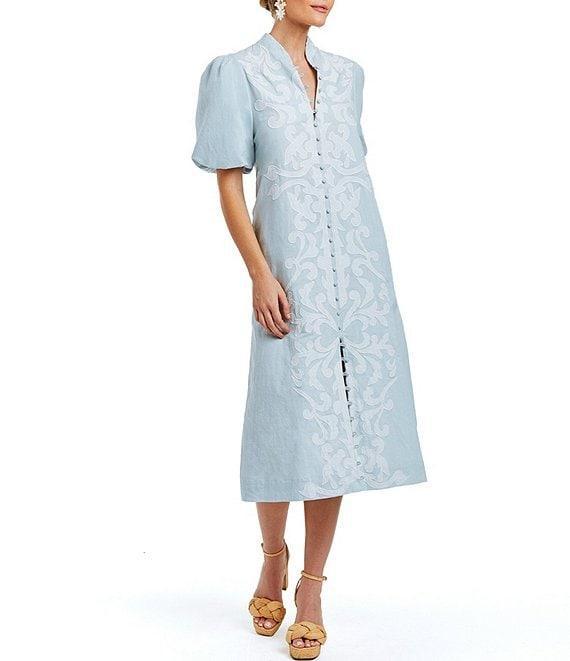 Mestiza New York Linen Blend Elliana Mandarin Collar Puff Sleeve Embroidered Applique Button Front Midi Dress Product Image