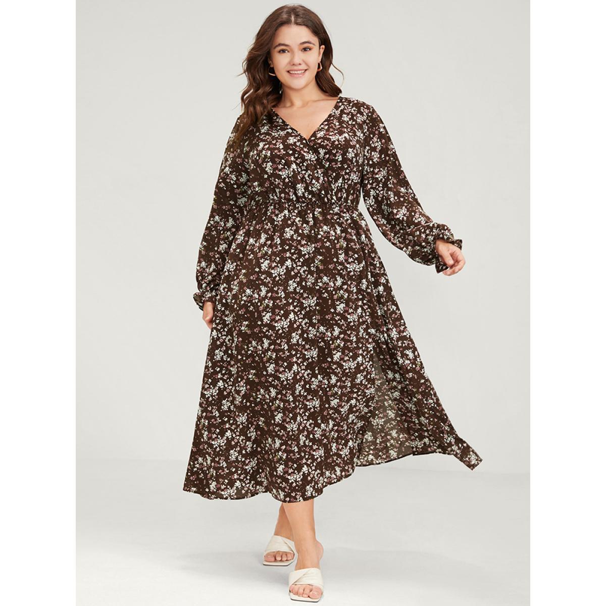 Plus Size Floral Split Pocket Lantern Sleeve Wrap Flutter Midi Dress DarkBrown Women Elegant Elastic Waist V-neck Long Sleeve Curvy Midi Dress BloomChic 30/6X Product Image