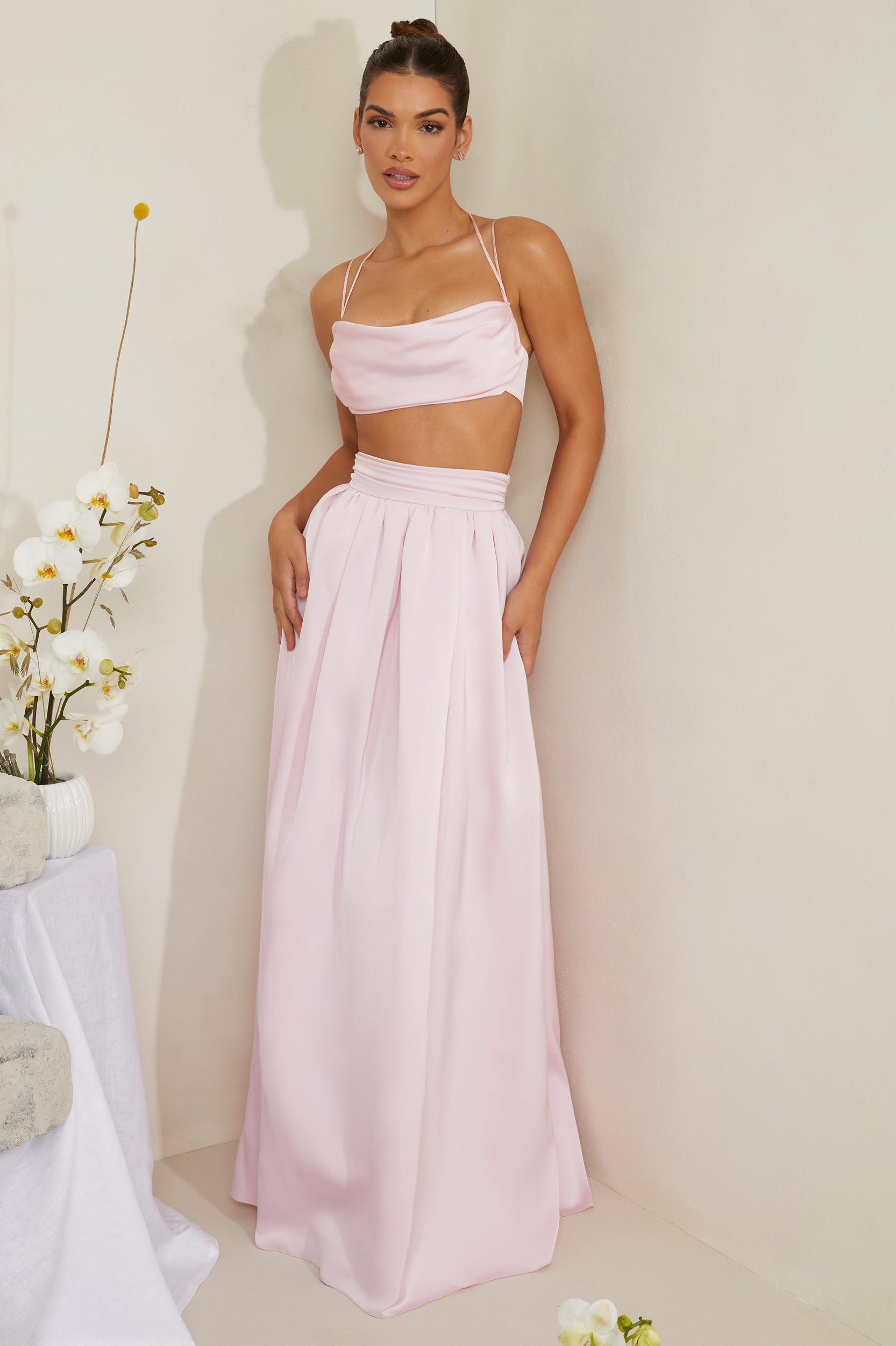 Cowl Neck Heavy Satin Crop Top in Pink Product Image