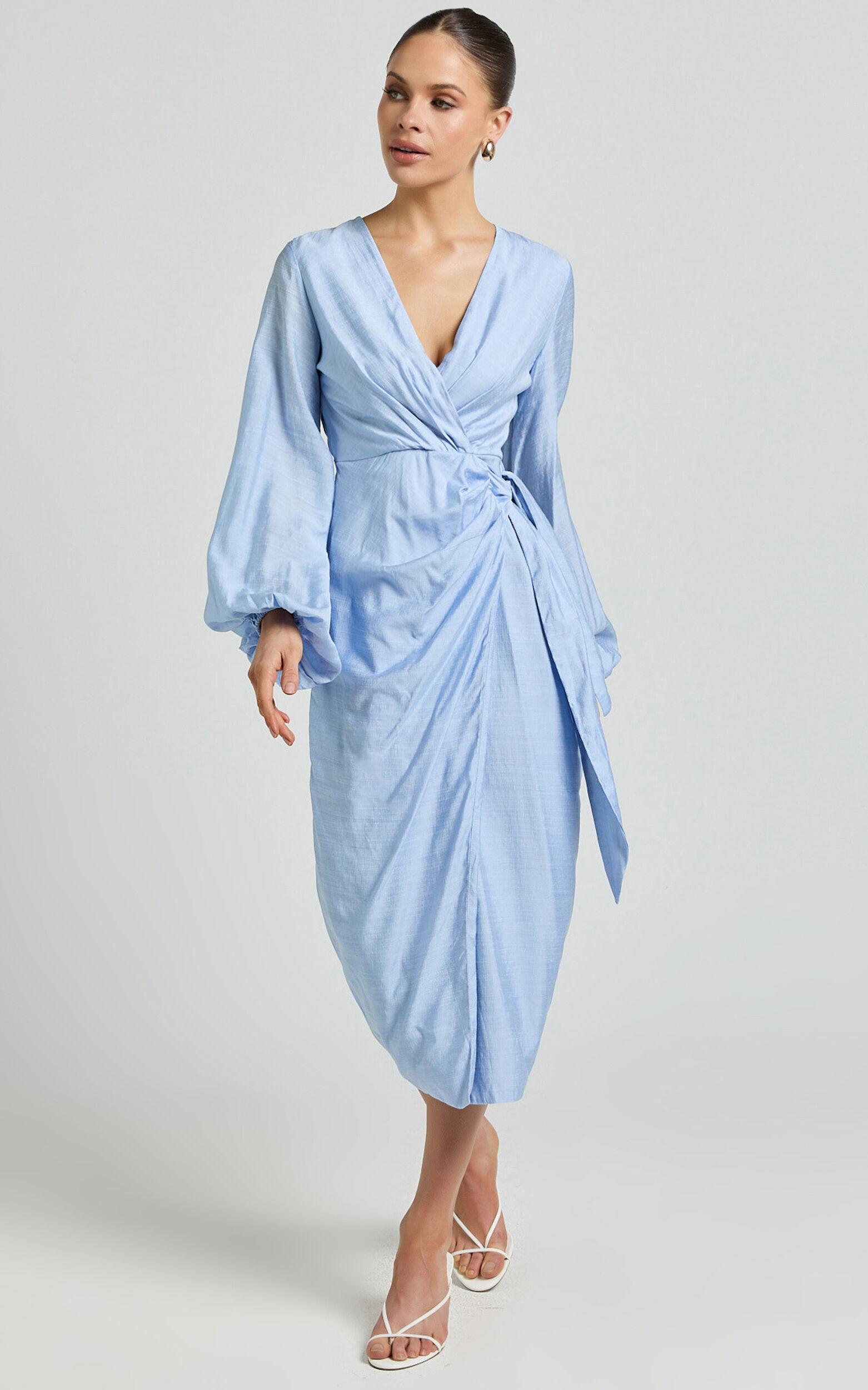 Taylor Midi Dress - Long Sleeve Wrap Dress in Blue Product Image