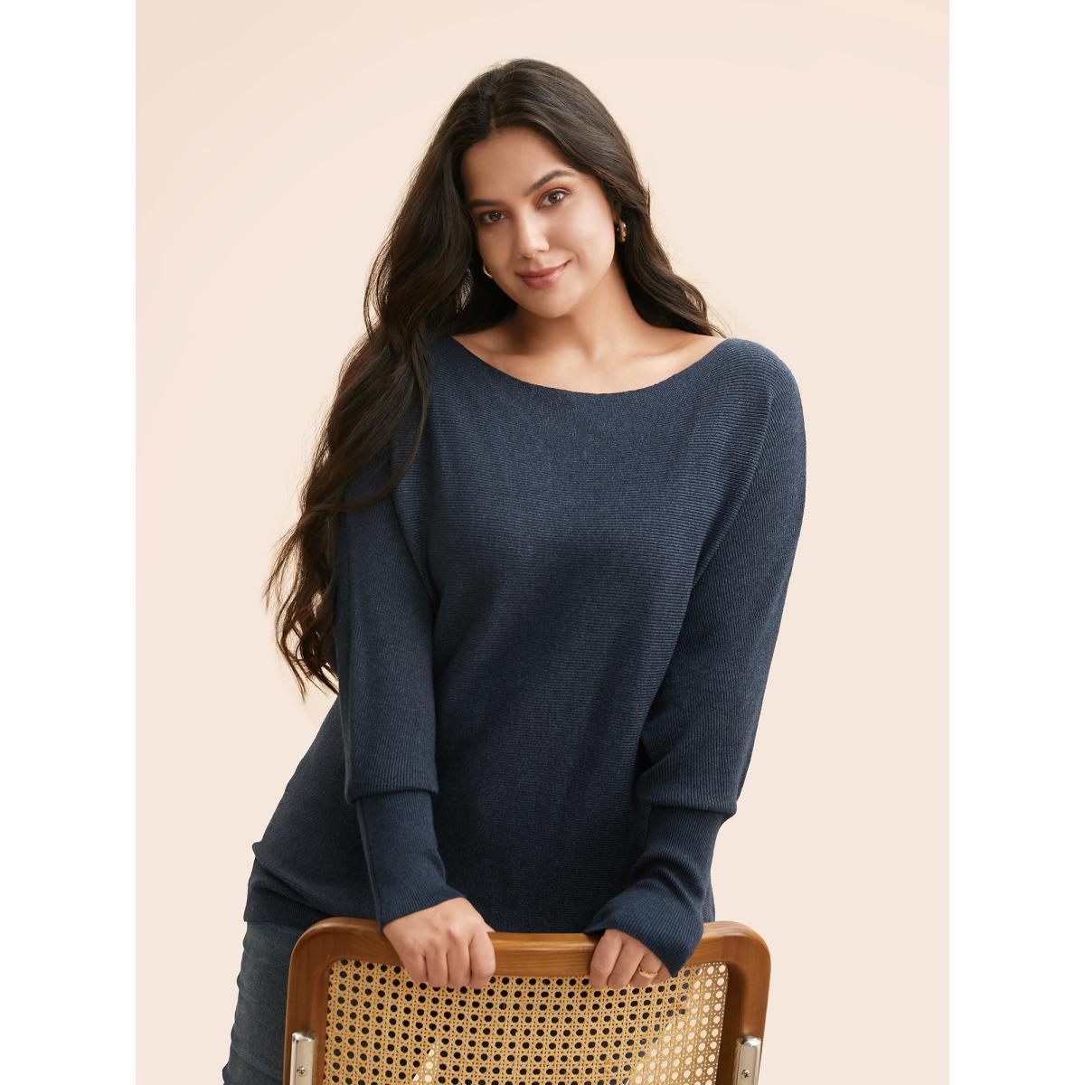 Plus Size Supersoft Dolman Sleeve Pullover Indigo Women Casual Loose Long Sleeve Boat Neck Everyday Pullovers BloomChic 10/M Product Image