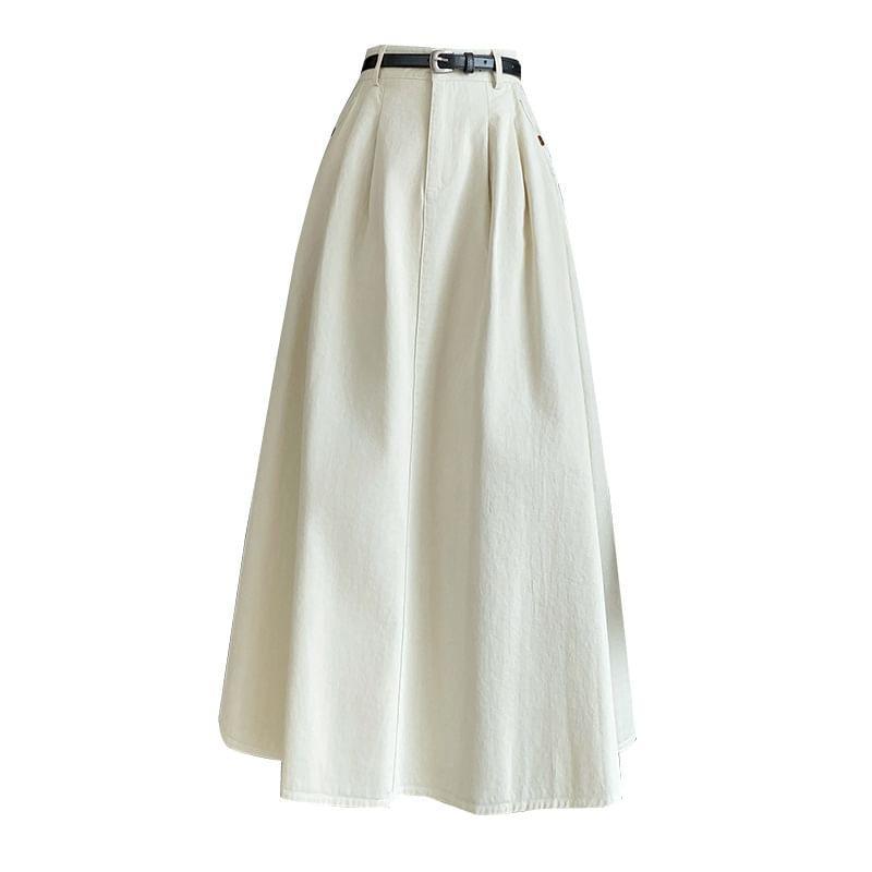 High Waist Plain Pleated Midi A-Line Denim Skirt Product Image