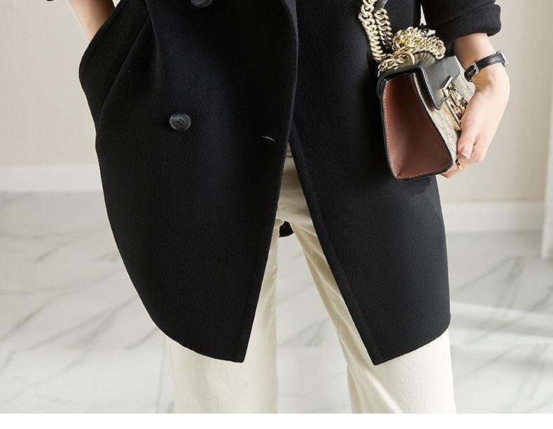 Lapel Collar Plain Double-Breasted Long Coat Product Image