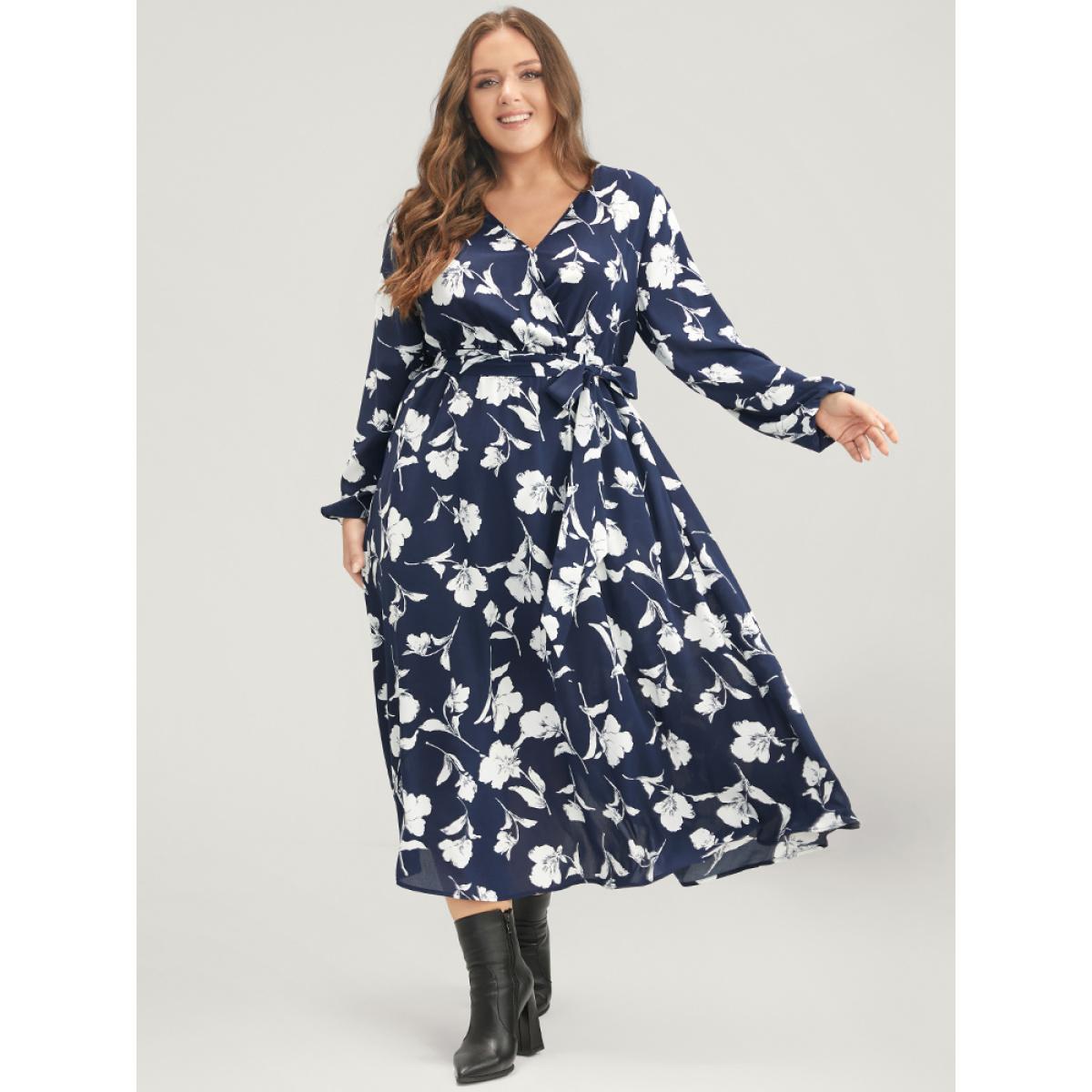 Plus Size Floral Pocket Surplice Neck Belted Midi Dress DarkBlue Women Casual Belted V-neck Long Sleeve Curvy Midi Dress BloomChic 30/6X Product Image