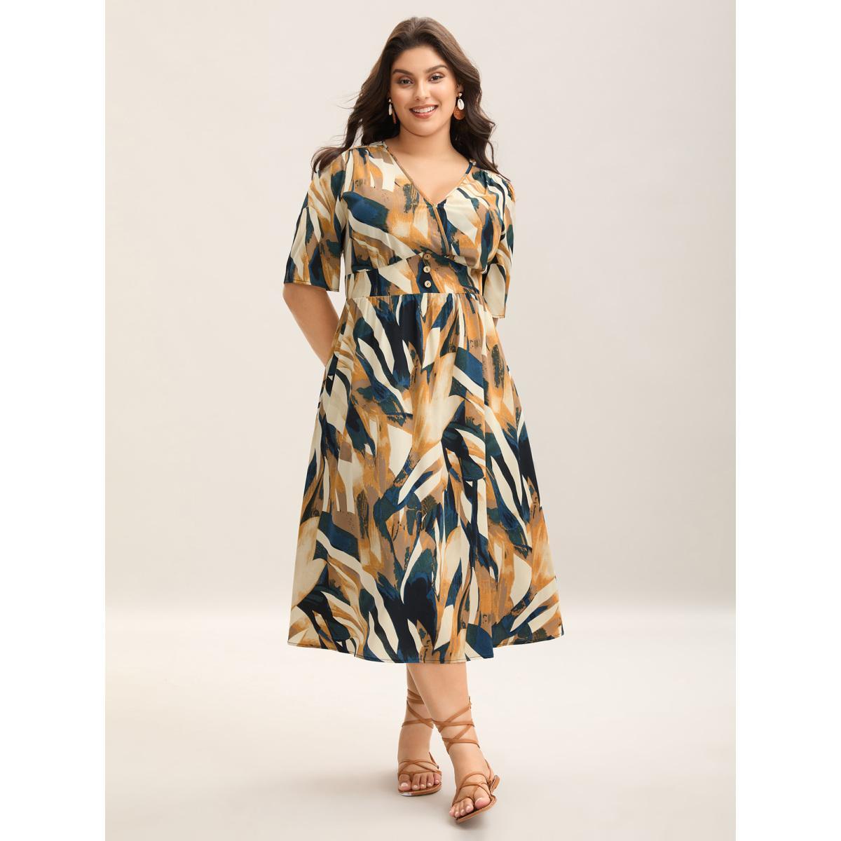 Plus Size Abstract Print Triangular Waist Midi Dress Multicolor Women Button Overlap Collar Short sleeve Curvy BloomChic 22-24/3X Product Image