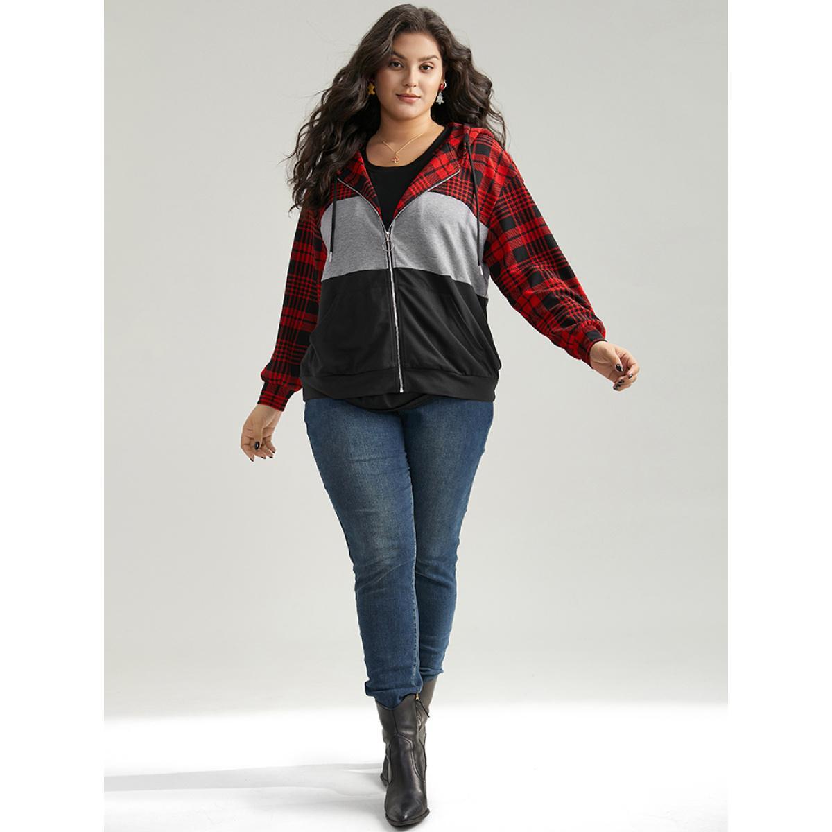 Plus Size Plaid Contrast Patchwork Drawstring Zipper Jacket Women Raspberry Contrast Pocket Dailywear Jackets BloomChic 12/L Product Image