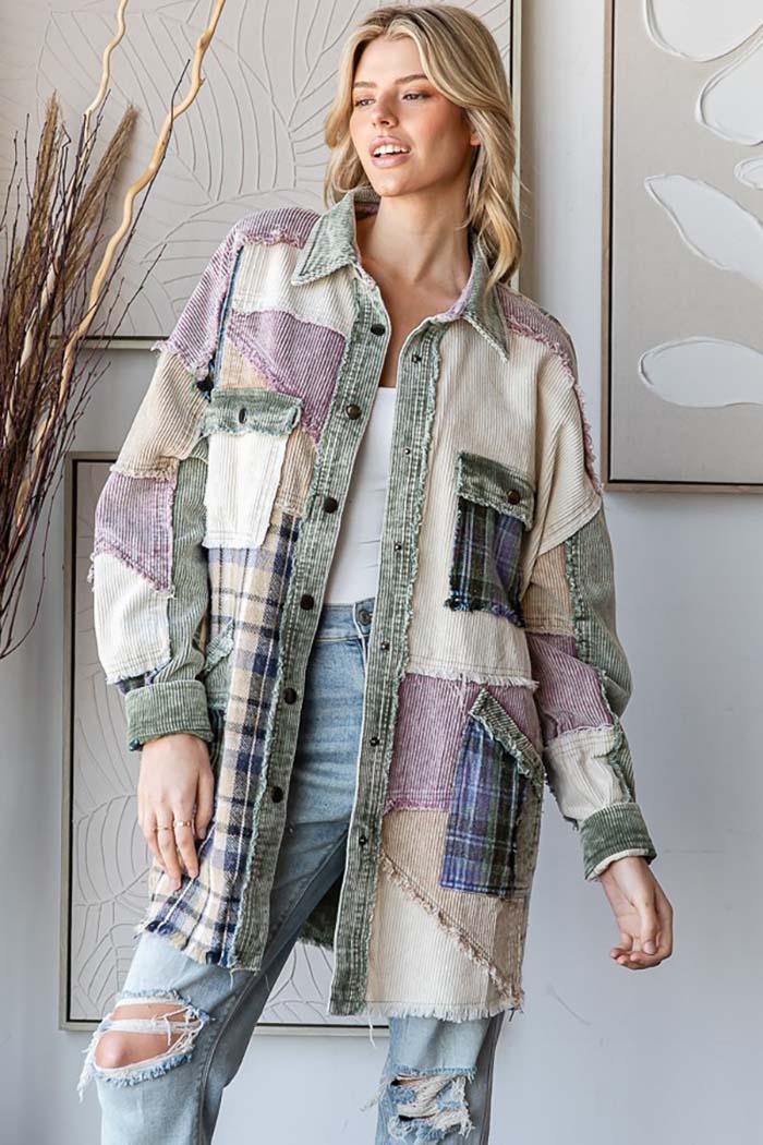 Patchwork Corduroy Long Sleeve Shacket Product Image