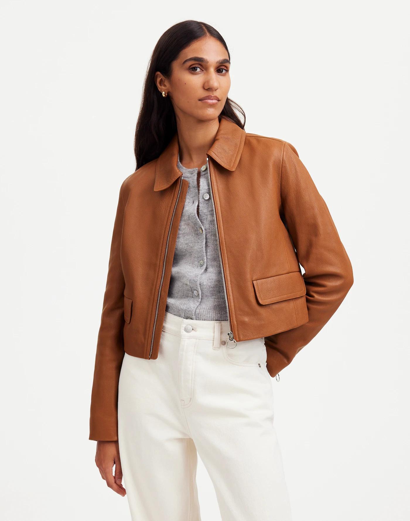 Shrunken Zip-Front Jacket in Leather Product Image