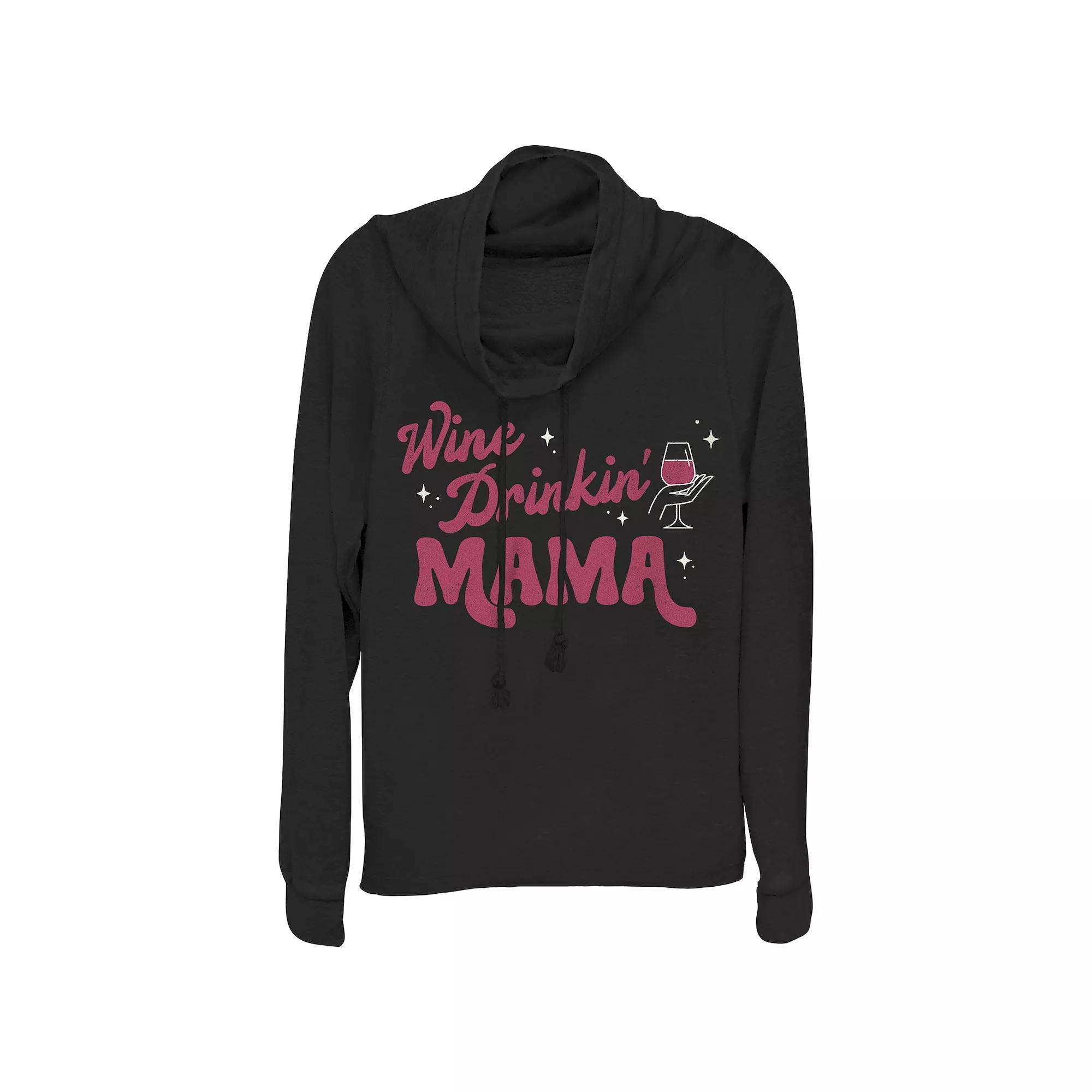 Women's Wine Drinking Mama Cowlneck Graphic Lightweight Long Sleeve, Size: XL, Black Product Image