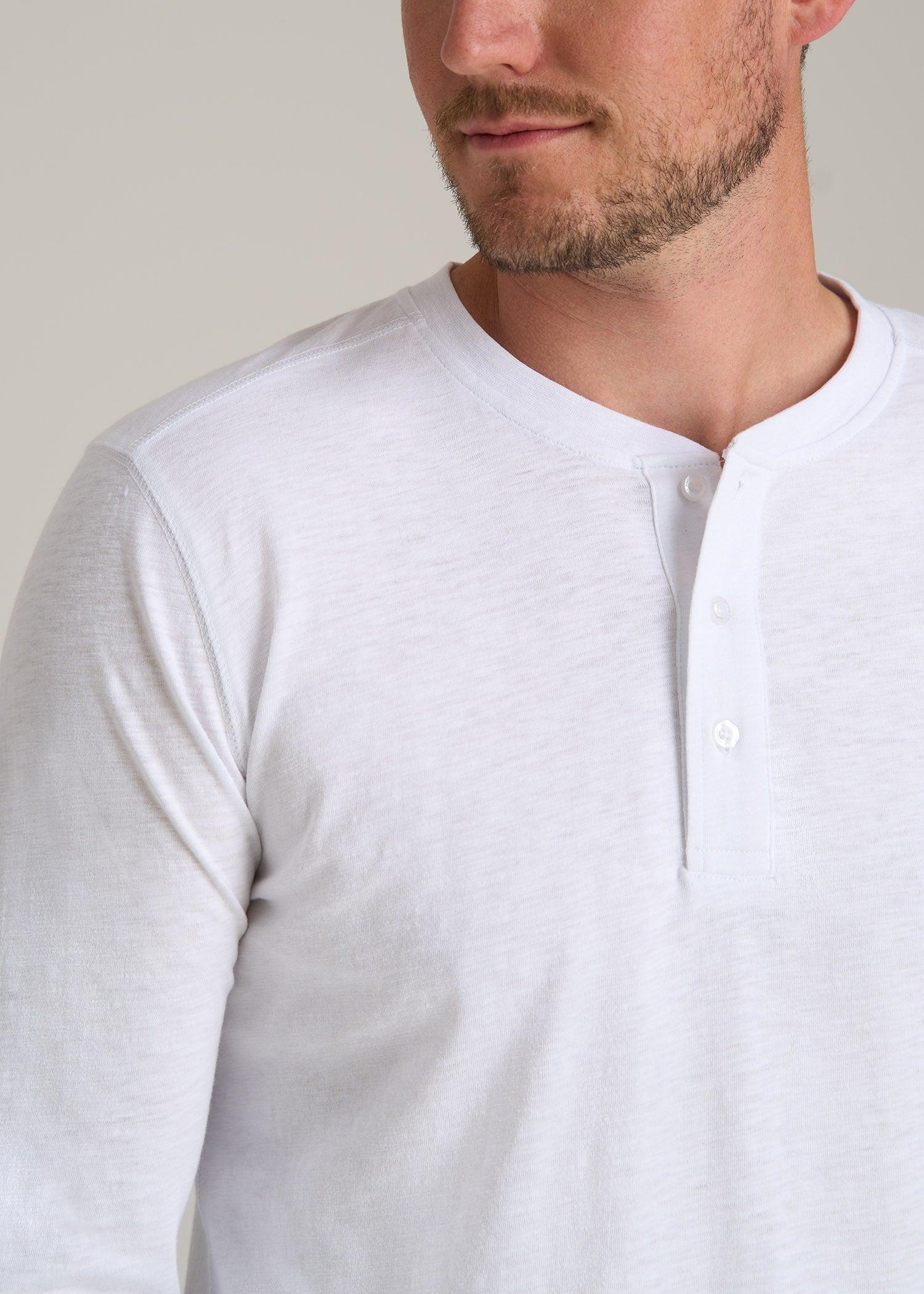 Three-Button Long Sleeve Slub Henley for Tall Men in White Male Product Image
