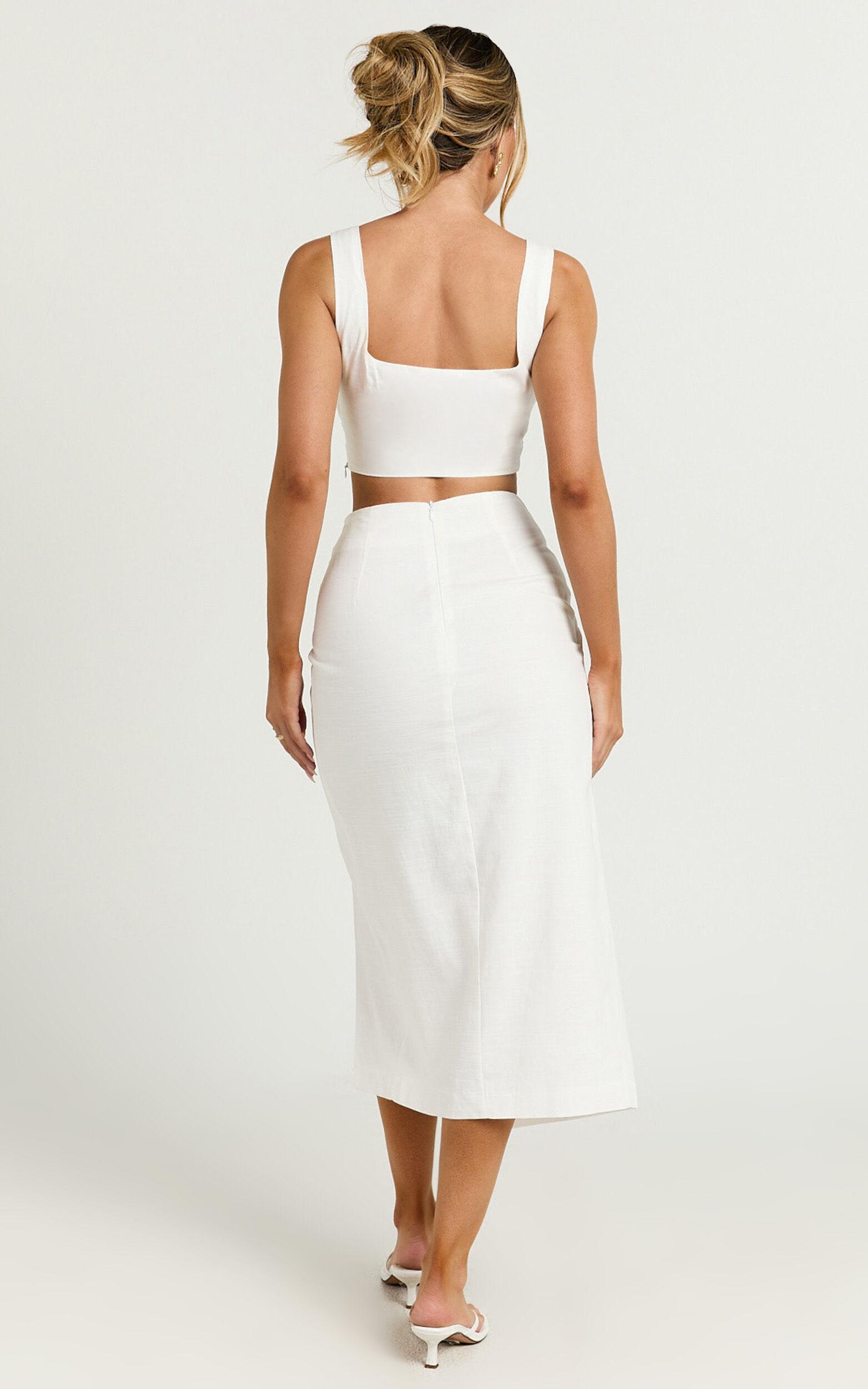 Gibson Two Piece Top and Skirt Set - Linen Crop Top and Knot Front Midi Skirt Set in White Product Image