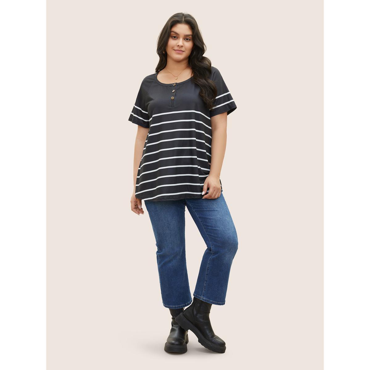 Plus Size Striped Print Raglan Sleeve Button Up T-shirt Black Women Casual Contrast Striped Round Neck Everyday T-shirts BloomChic 28/5X Product Image