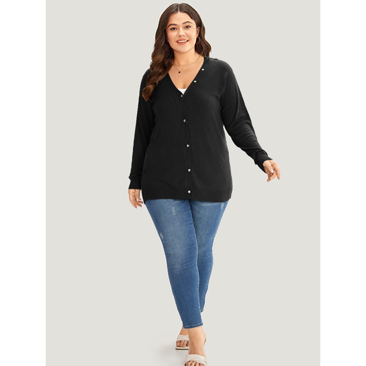 Plus Size Supersoft Essentials Plain Button Detail Very Stretchy Cardigan Black Women Casual Loose Long Sleeve Everyday Cardigans BloomChic 18-20/2X Product Image
