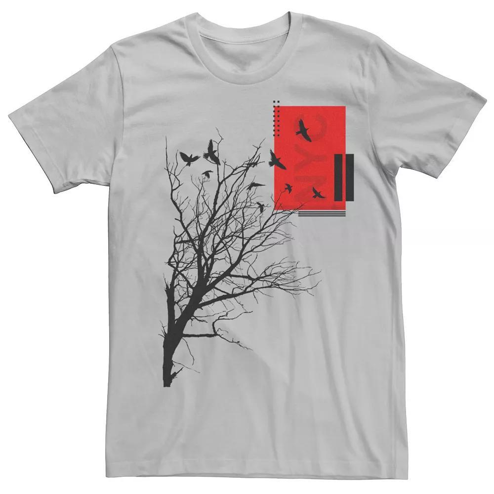 Men's Flying Birds Branches Silhouettes Graphic Tee, Size: XL, Silver Product Image