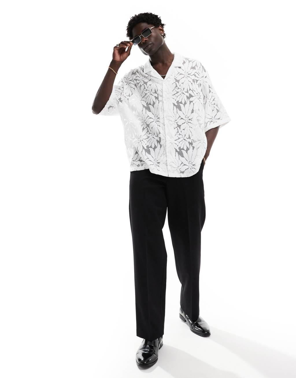 ASOS DESIGN oversized camp collar shirt in white lace Product Image