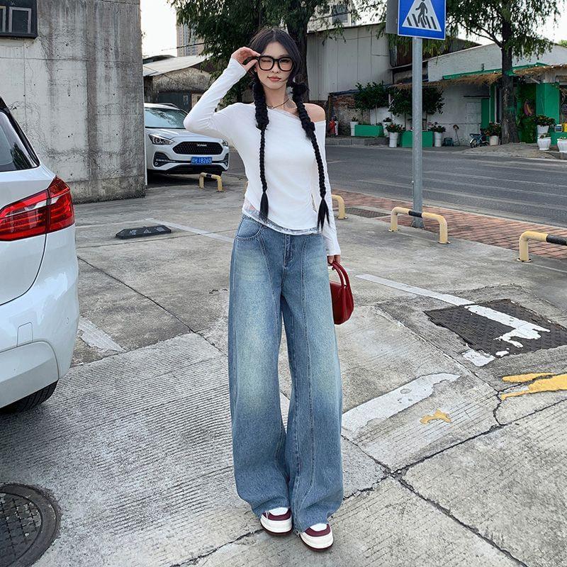 High Rise Washed Wide Leg Jeans (Various Designs) Product Image