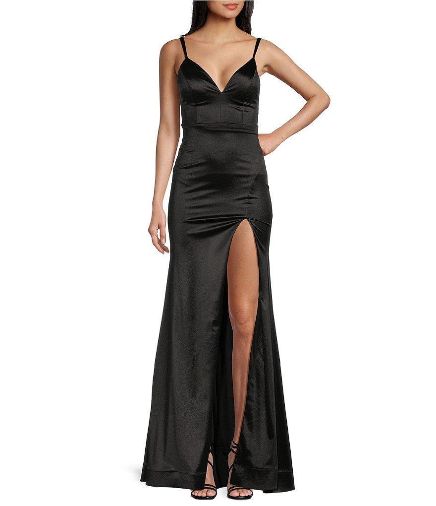 Honey and Rosie Sateen V-Neck Double Spaghetti Strap Lace Back Gown Product Image