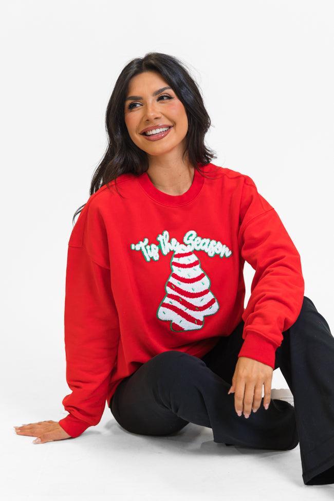 Tis The Season Christmas Cake Patch Red Oversized Graphic Sweatshirt FINAL SALE Product Image